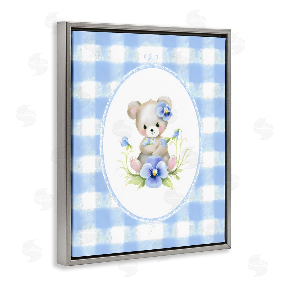 Arlington Prints Little Bear Blue Gingham Gray Floating Framed Canvas Wall Art