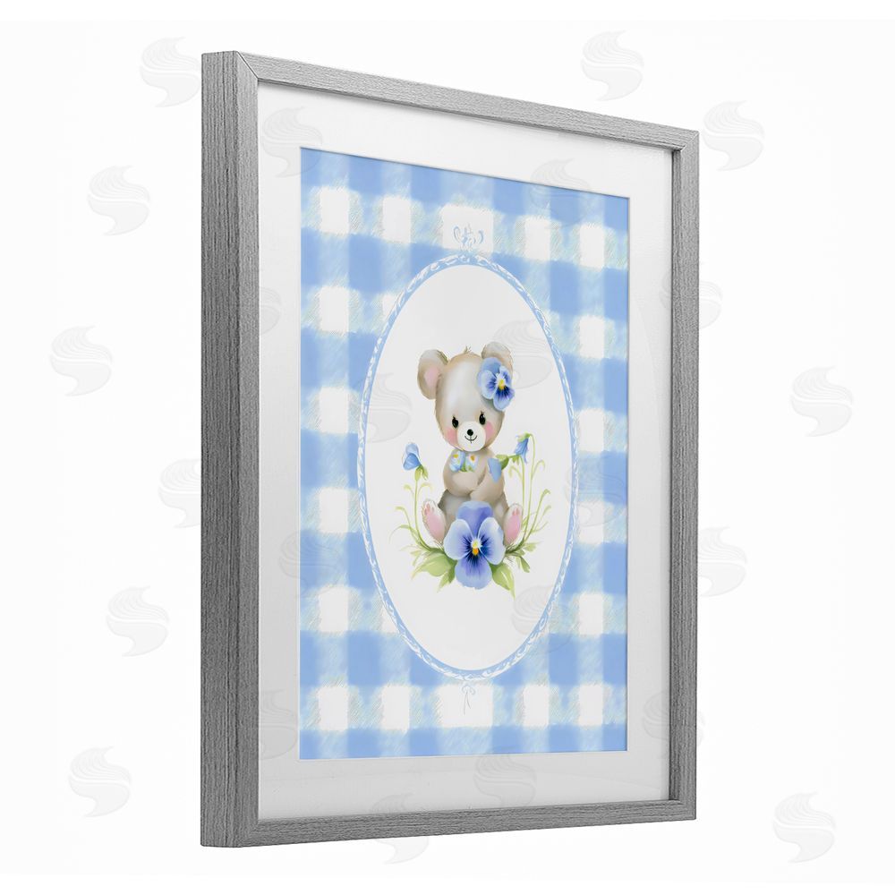 Arlington Prints Little Bear Blue Gingham Gray Framed Print Under Glass Wall Art
