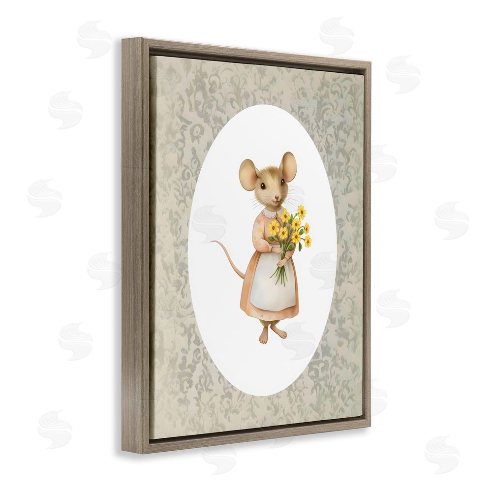 Arlington Prints Little Mouse with Flowers Brown Floating Frame Canvas Wall Art