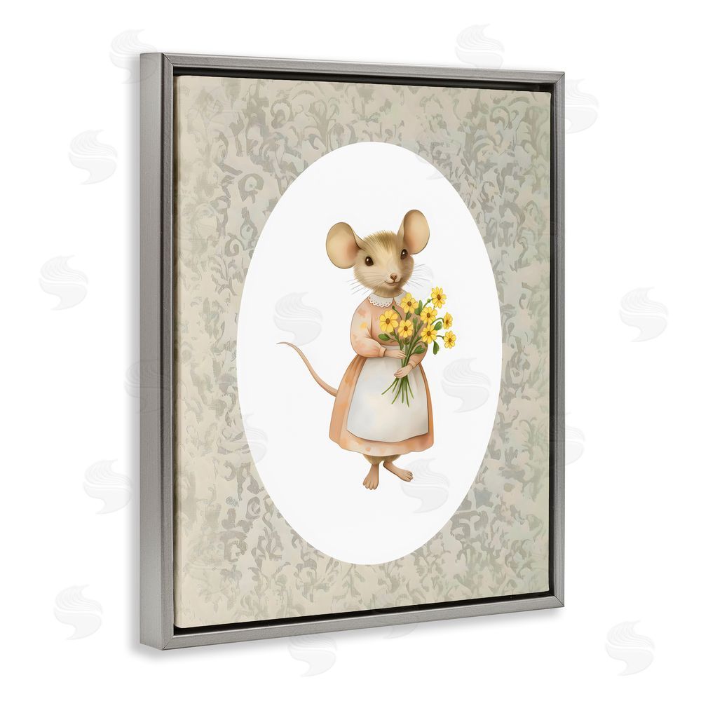 Arlington Prints Little Mouse with Flowers Gray Floating Frame Canvas Wall Art