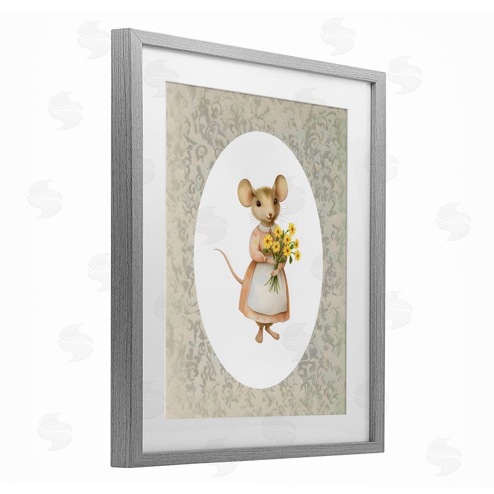 Arlington Prints Little Mouse with Flowers Gray Framed Print Under Glass with Mat Wall Art