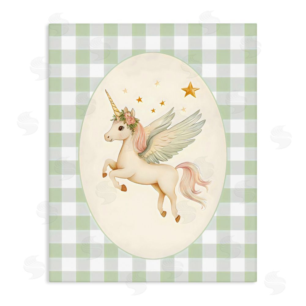 Arlington Prints Winged Unicorn over Green Gingham Stretched Canvas Wall Art Print