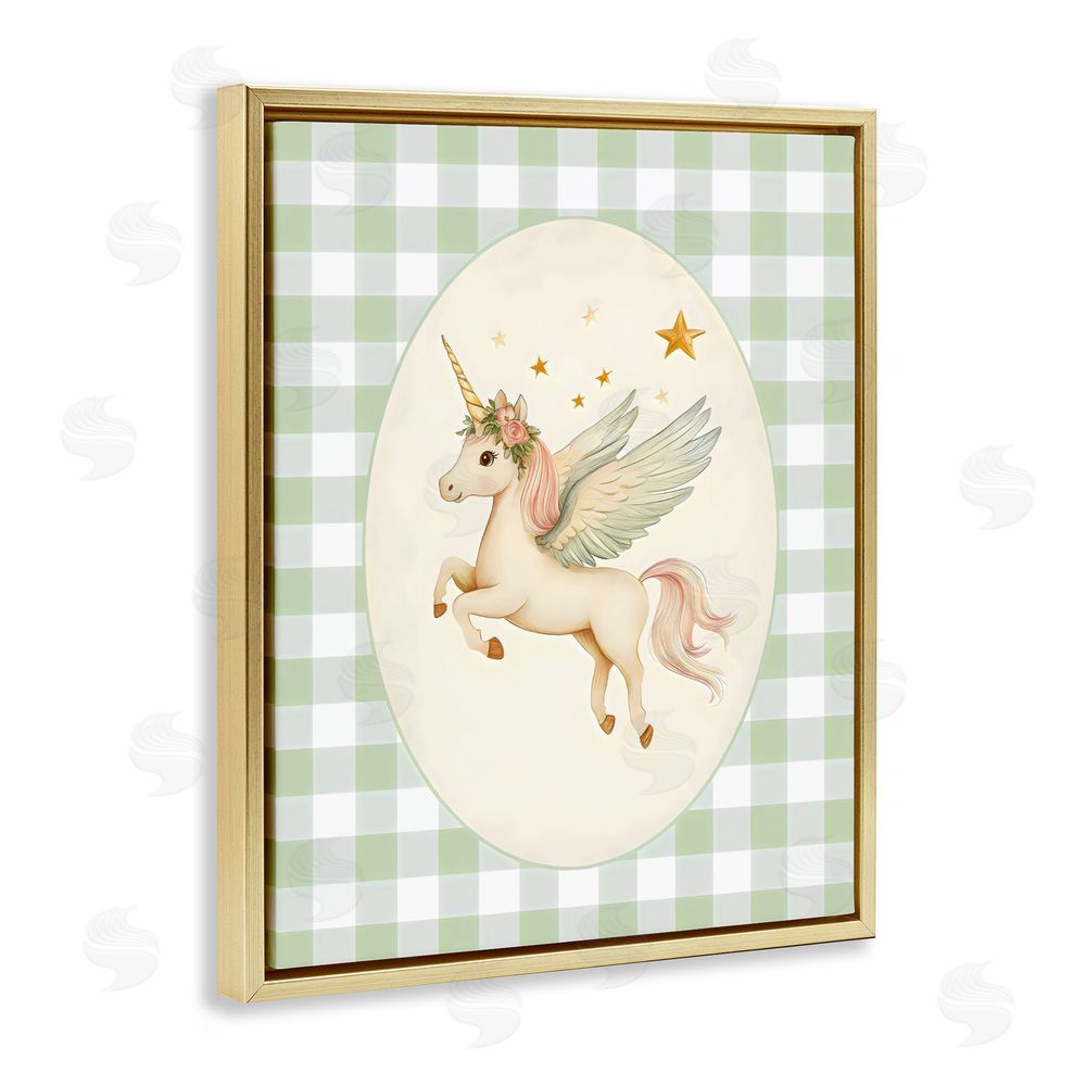 Arlington Prints Winged Unicorn over Green Gingham Gold Floating Framed Canvas Wall Art Print