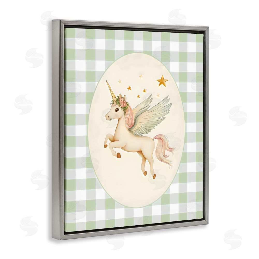 Arlington Prints Winged Unicorn over Green Gingham Gray Floating Framed Canvas Wall Art Print