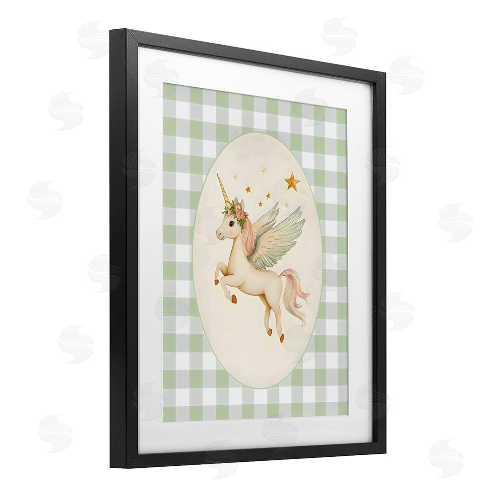 Arlington Prints Winged Unicorn over Green Gingham Black Framed Print Under Glass with White Mat Wall Art