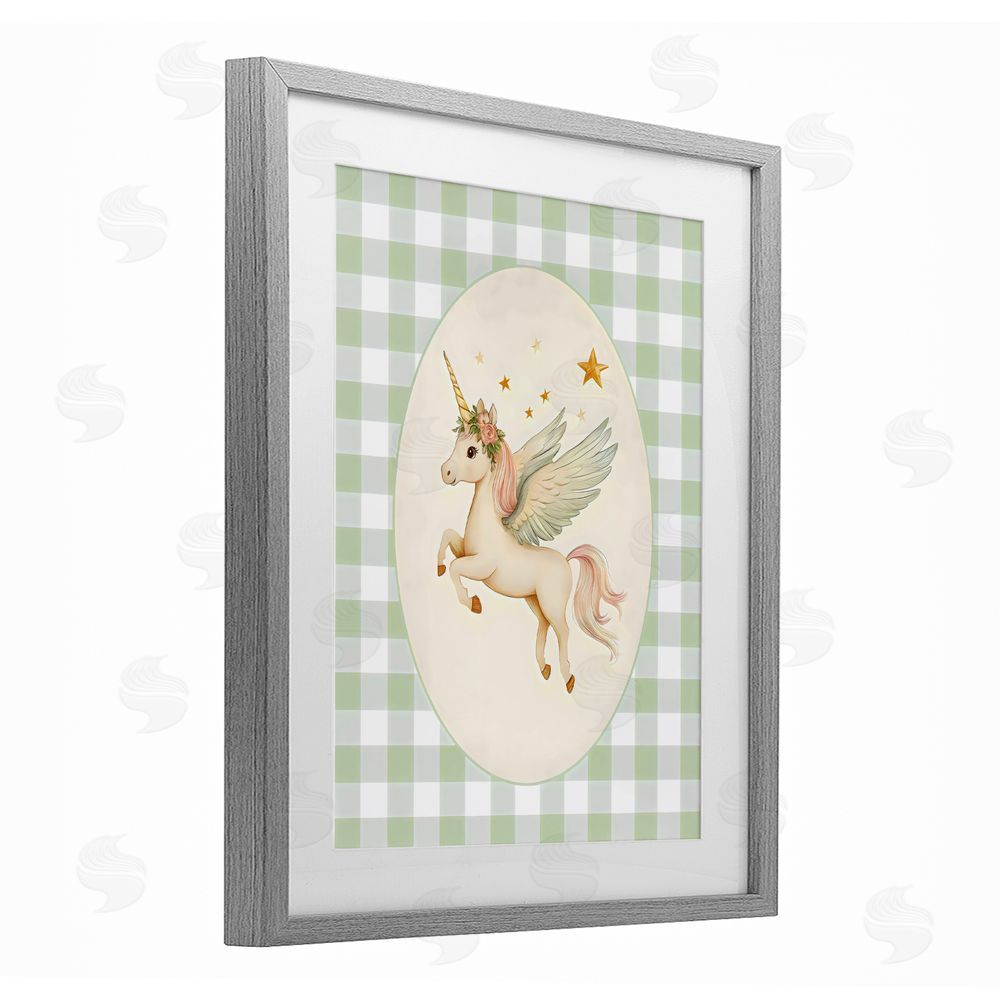 Arlington Prints Winged Unicorn over Green Gingham Gray Framed Print Under Glass with White Mat Wall Art