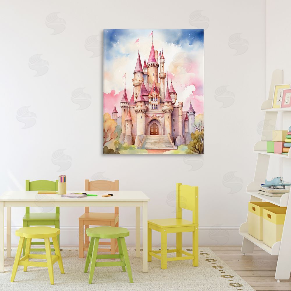 Creative Studio Princess Castle Watercolor Portrait Stretched Canvas Wall Art in Room