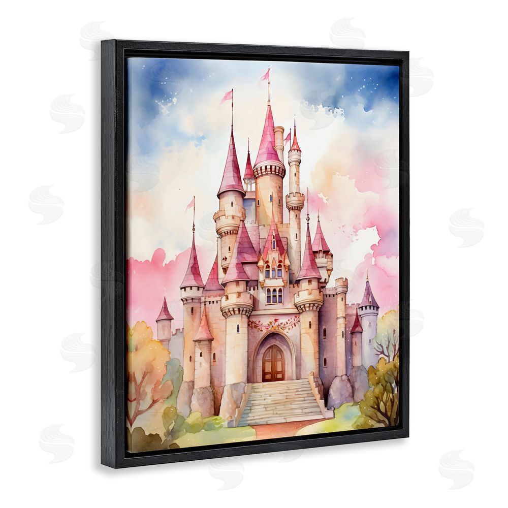 Creative Studio Princess Castle Watercolor Portrait Black Floating Framed Canvas Wall Art