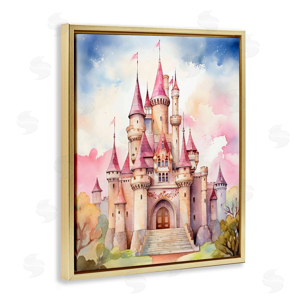 Creative Studio Princess Castle Watercolor Portrait Gold Floating Framed Canvas Wall Art