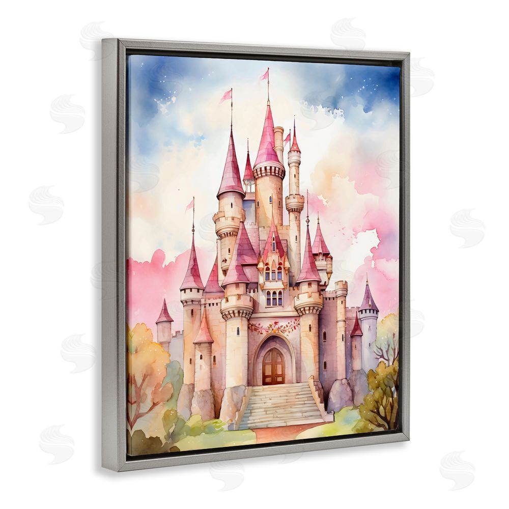 Creative Studio Princess Castle Watercolor Portrait Gray Floating Framed Canvas Wall Art