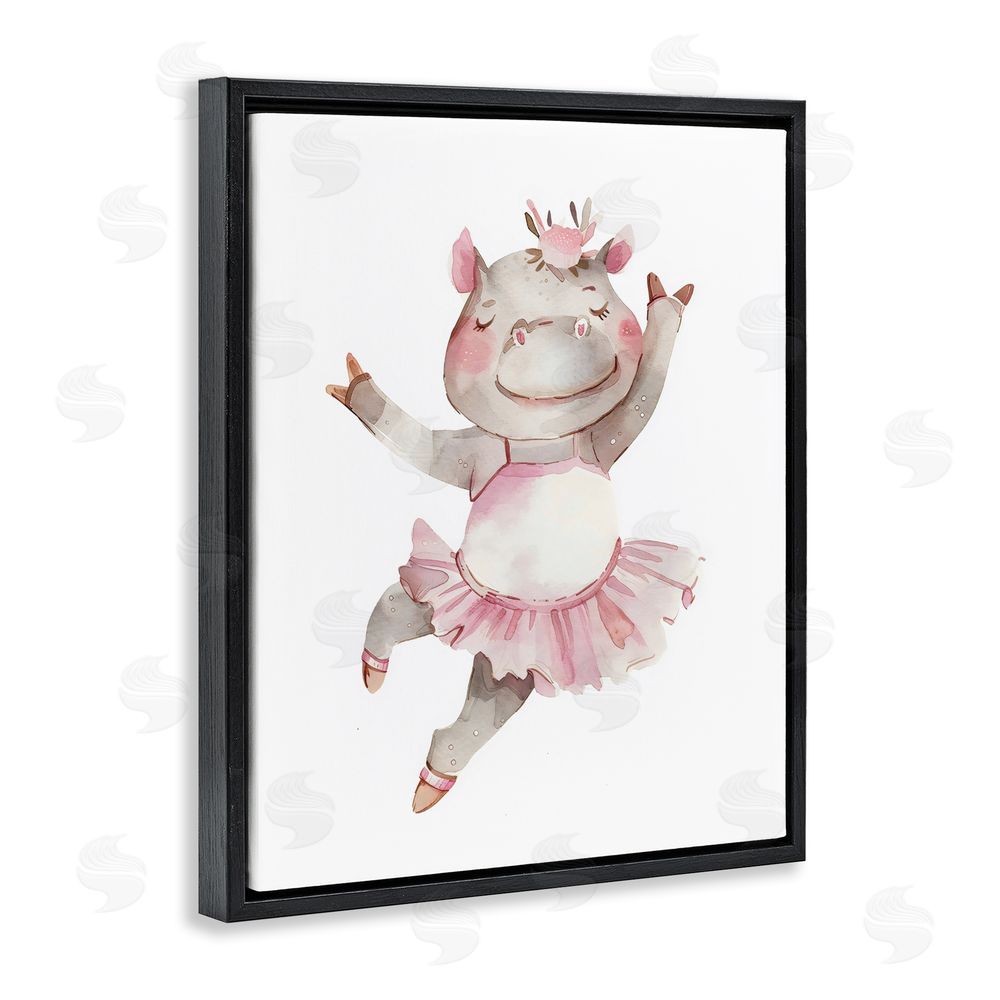 LSR Design Studio Ballerina Hippo in Tutu Black Floating Frame Stretched Canvas Wall Art Print