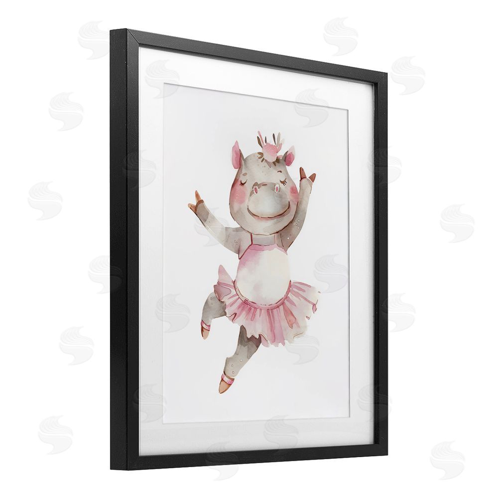LSR Design Studio Ballerina Hippo in Tutu Black Framed Print Under Glass with Matting Wall Art