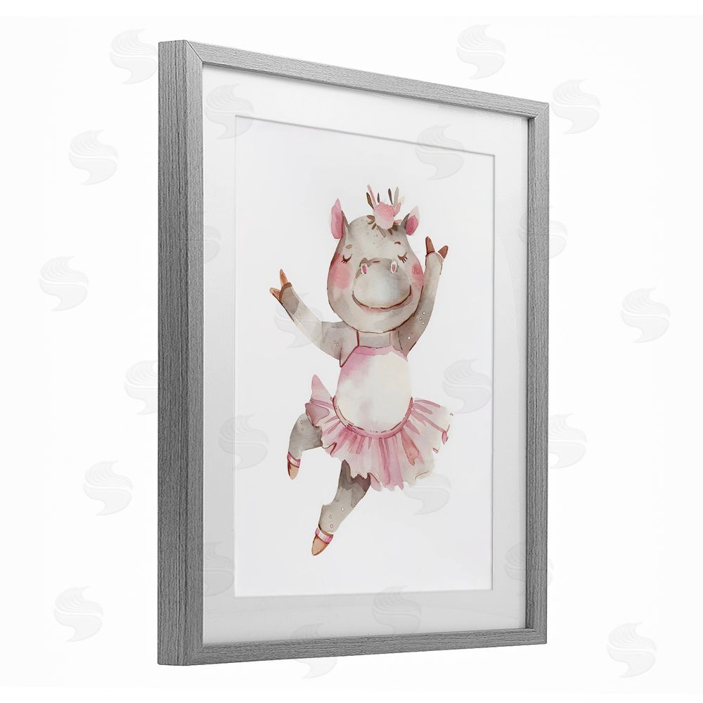 LSR Design Studio Ballerina Hippo in Tutu Gray Framed Print Under Glass with Matting Wall Art