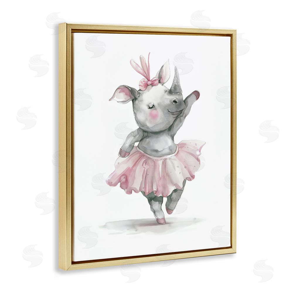 LSR Design Studio Ballerina Rhino in Pink Tutu Gold Floating Frame Stretched Canvas Wall Art Print