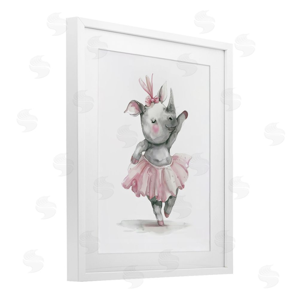 LSR Design Studio Ballerina Rhino in Pink Tutu White Framed Print Under Glass with Matting Wall Art