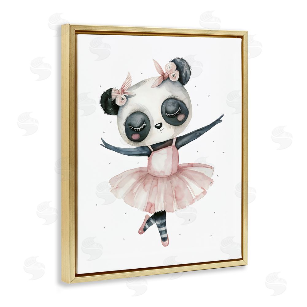 LSR Design Studio Ballerina Panda in Pink Tutu Gold Floating Frame Stretched Canvas Wall Art Print