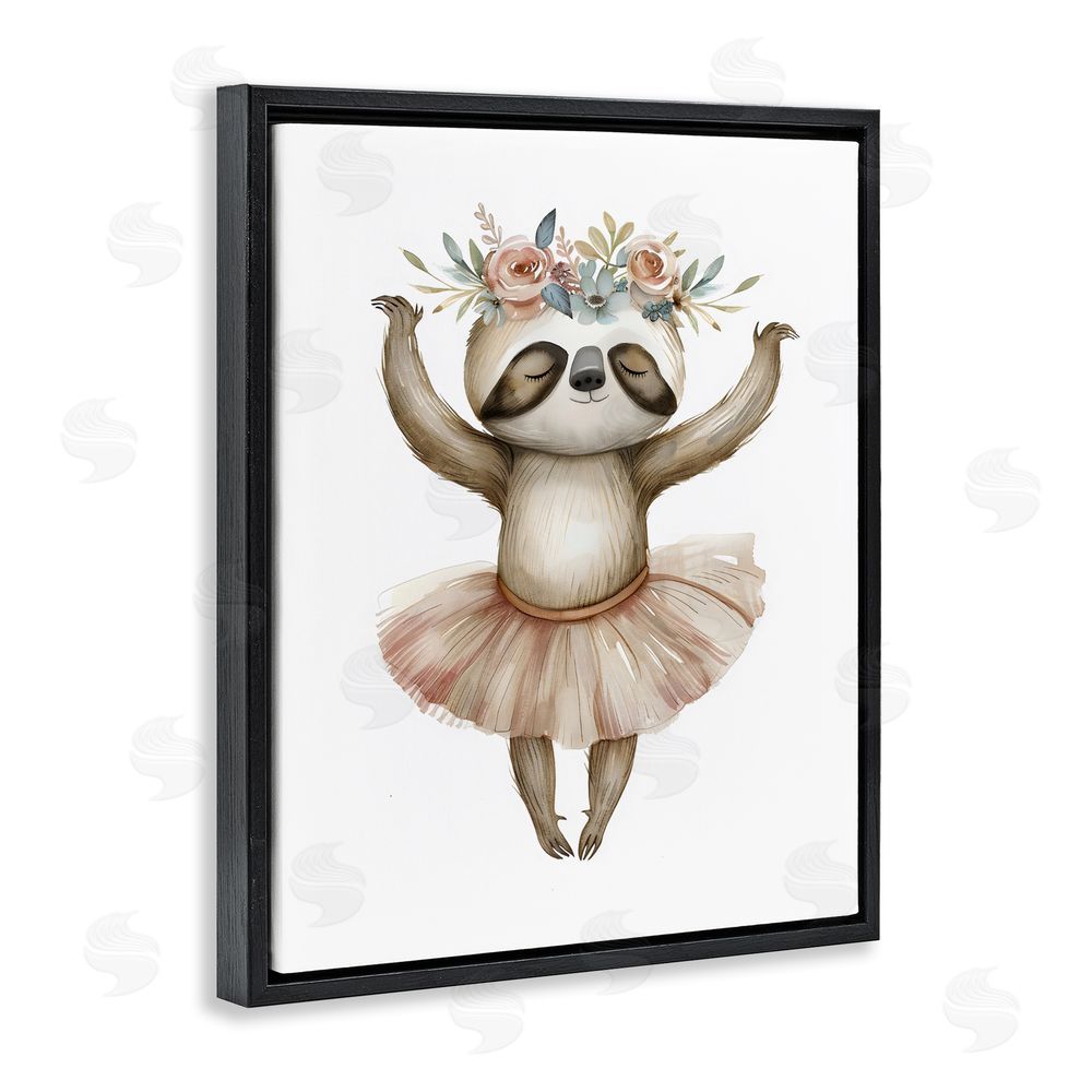 LSR Design Studio Dreamy Sloth Ballet with Flowers Black Floating Frame Canvas Wall Art Print
