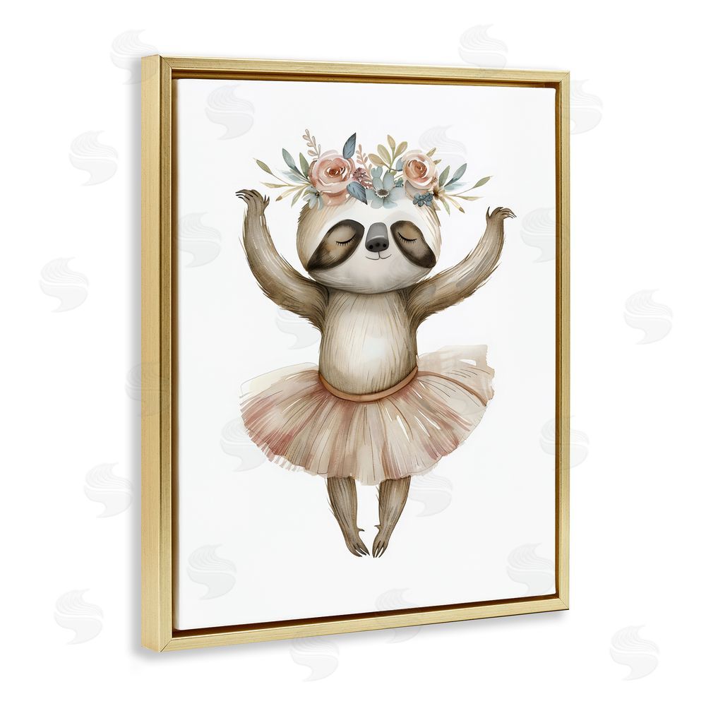 LSR Design Studio Dreamy Sloth Ballet with Flowers Gold Floating Frame Canvas Wall Art Print