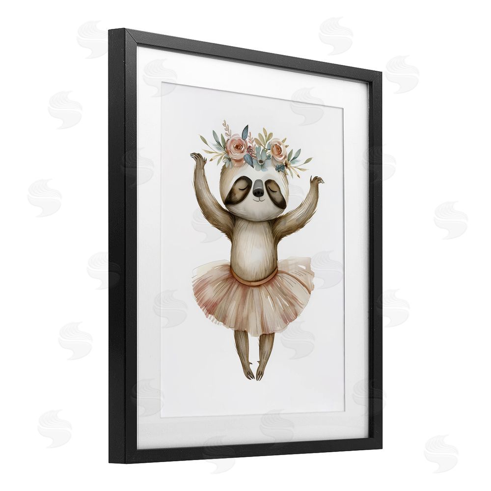 LSR Design Studio Dreamy Sloth Ballet with Flowers Black Framed Print Under Glass Wall Art