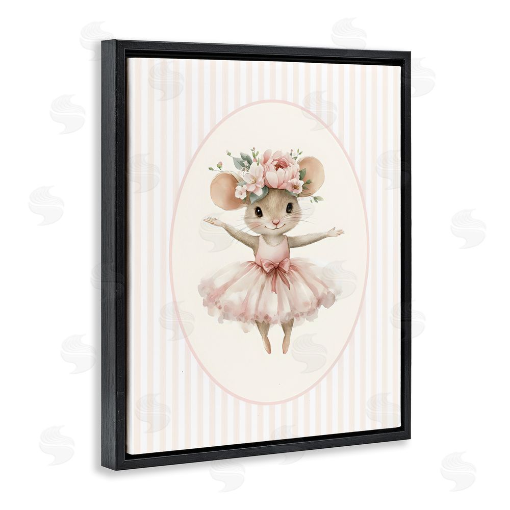 LSR Design Studio Nursery Ballerina Mouse Striped Black Floating Framed Canvas Wall Art
