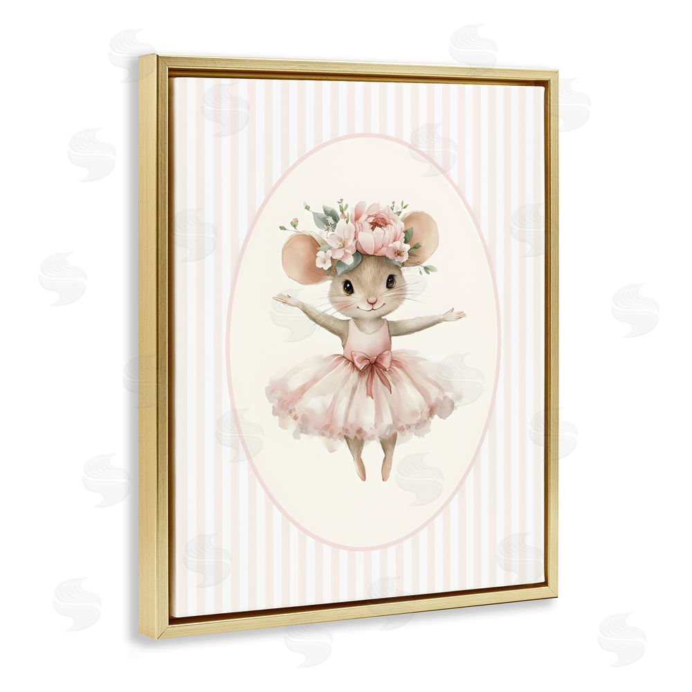 LSR Design Studio Nursery Ballerina Mouse Striped Gold Floating Framed Canvas Wall Art