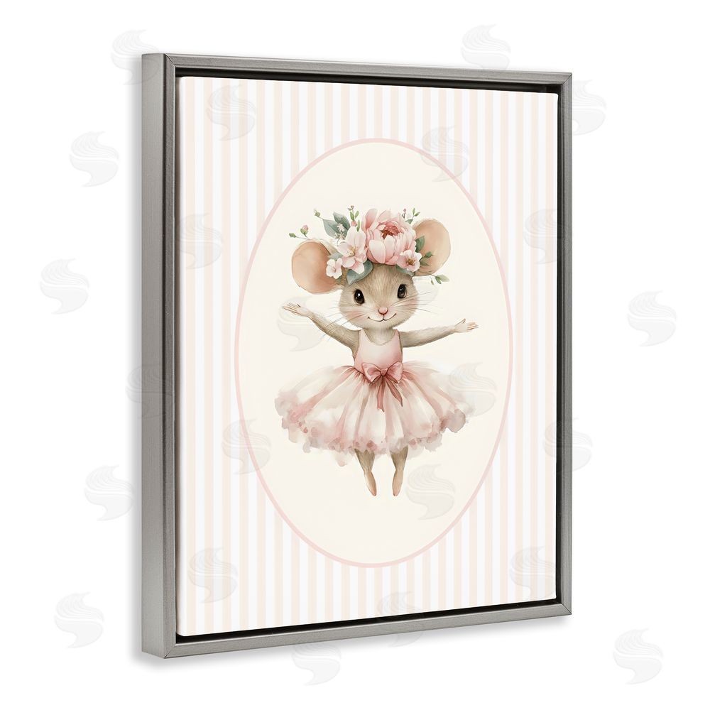 LSR Design Studio Nursery Ballerina Mouse Striped Gray Floating Framed Canvas Wall Art