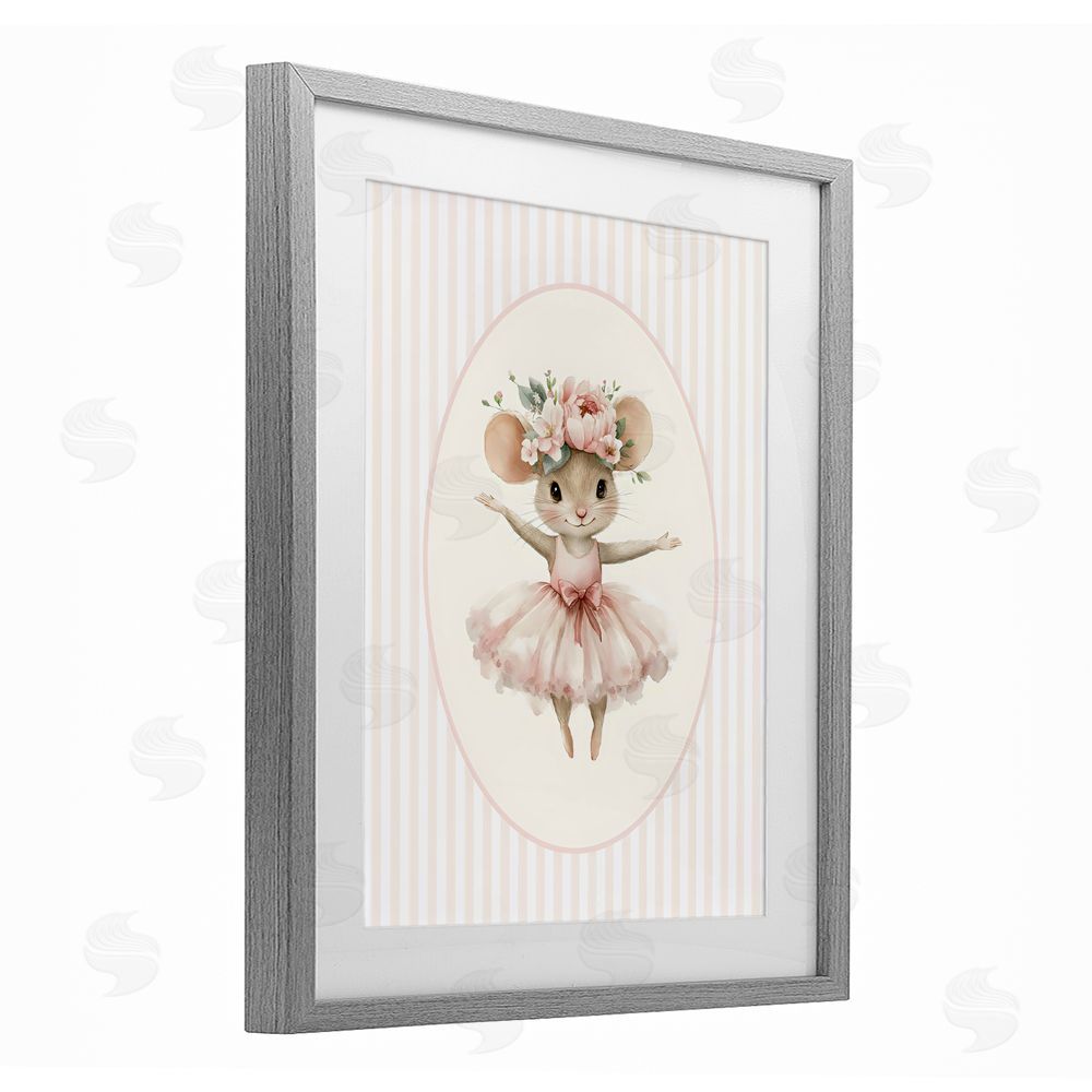 LSR Design Studio Nursery Ballerina Mouse Striped Gray Framed Print Under Glass Wall Art