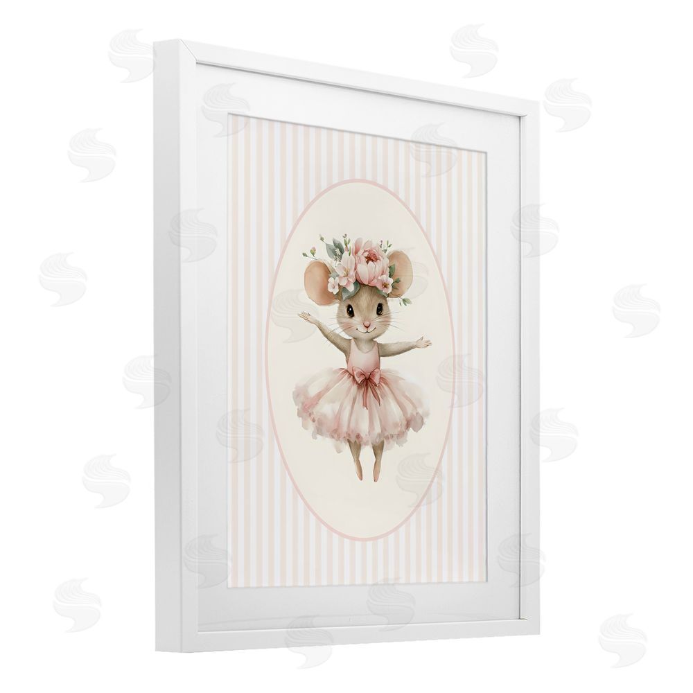 LSR Design Studio Nursery Ballerina Mouse Striped White Framed Print Under Glass Wall Art