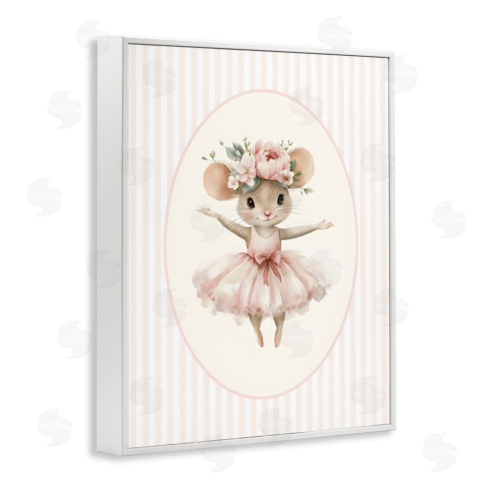 LSR Design Studio Nursery Ballerina Mouse Striped White Framed Giclee Wall Art