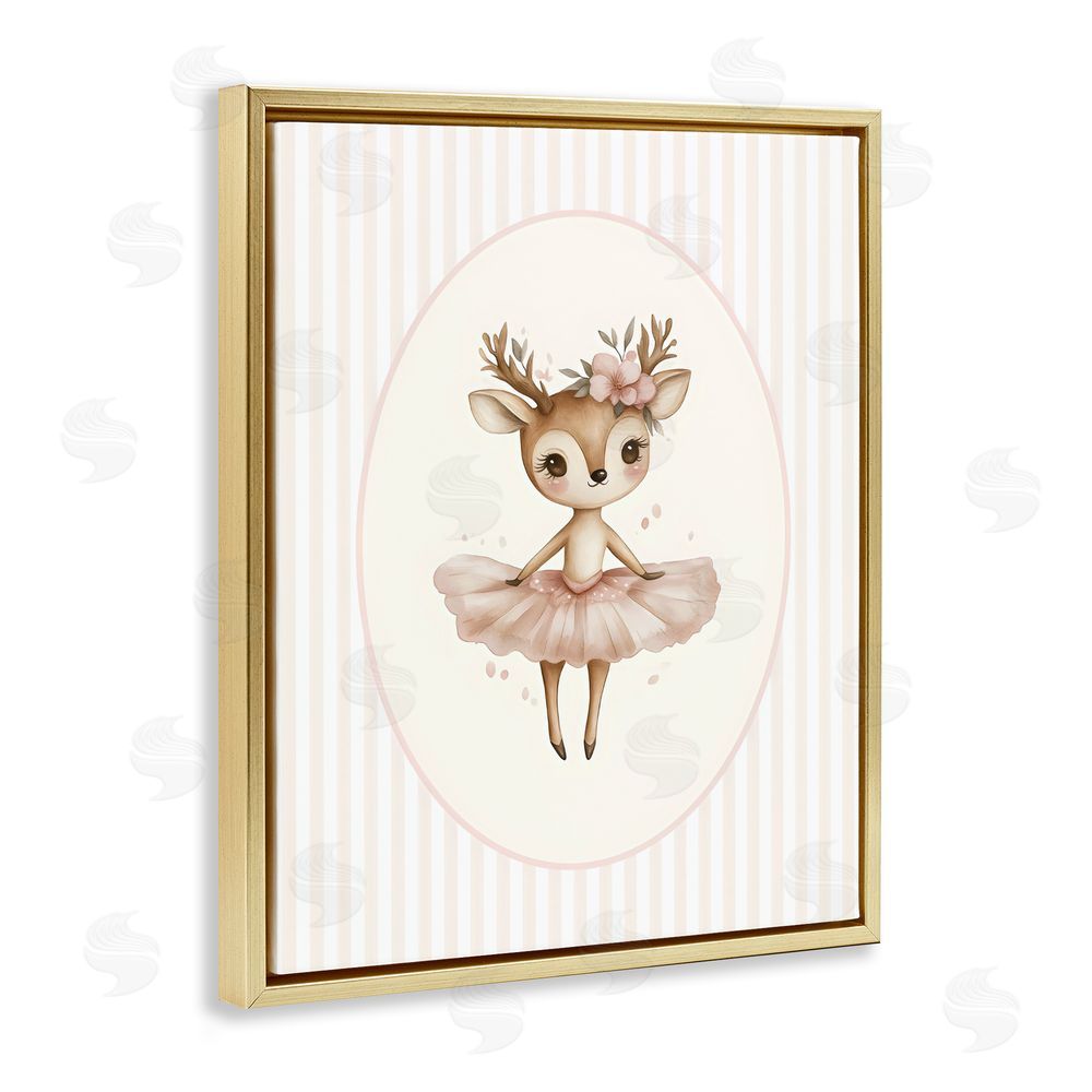 LSR Design Studio Nursery Ballerina Deer Striped Gold Floating Framed Canvas Wall Art