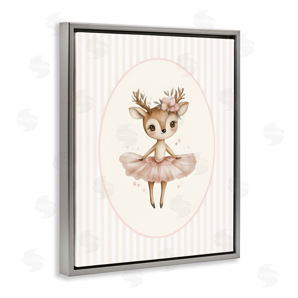 LSR Design Studio Nursery Ballerina Deer Striped Gray Floating Framed Canvas Wall Art