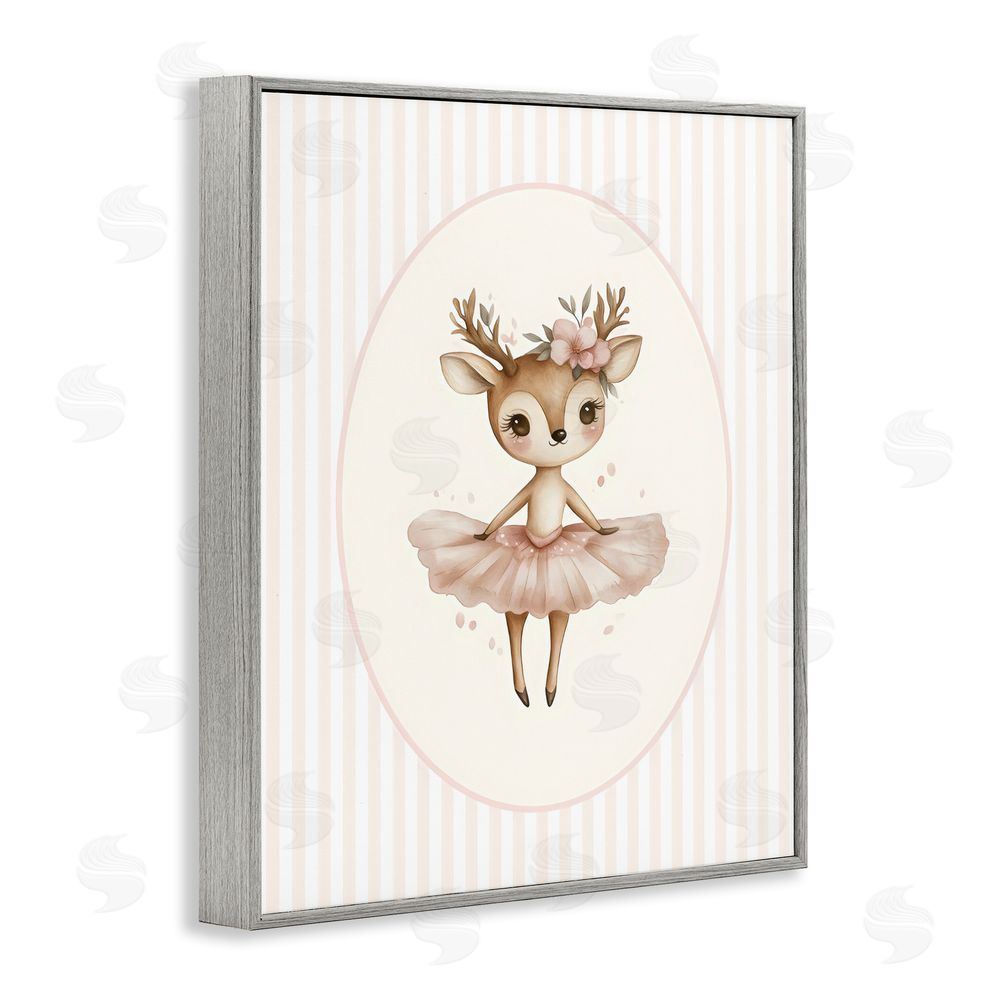 LSR Design Studio Nursery Ballerina Deer Striped Gray Framed Giclee Wall Art