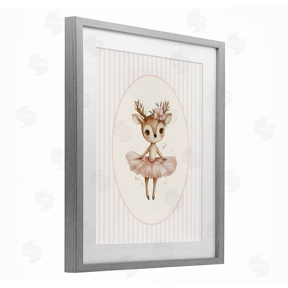 LSR Design Studio Nursery Ballerina Deer Striped Gray Framed Print Under Glass Wall Art