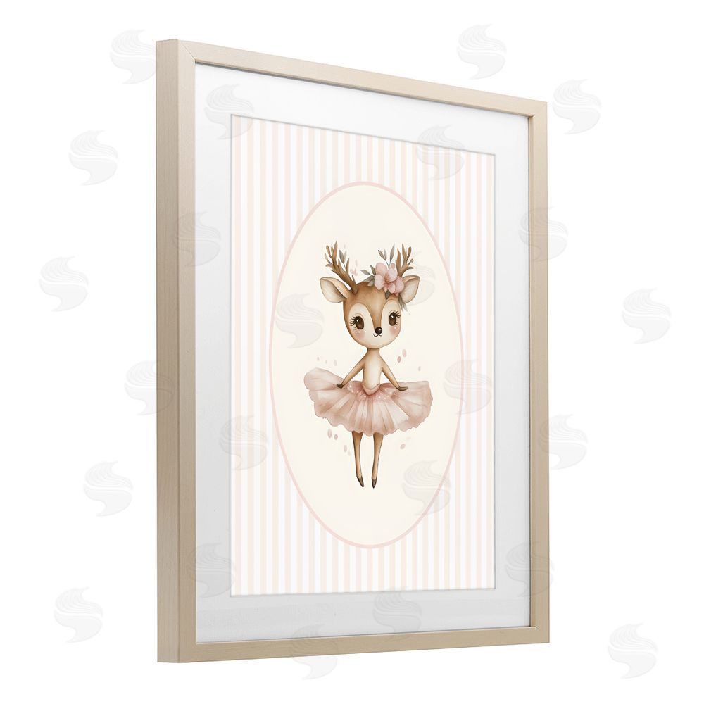 LSR Design Studio Nursery Ballerina Deer Striped Brown Framed Print Under Glass Wall Art