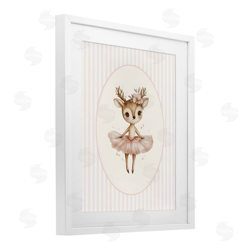 LSR Design Studio Nursery Ballerina Deer Striped White Framed Print Under Glass Wall Art