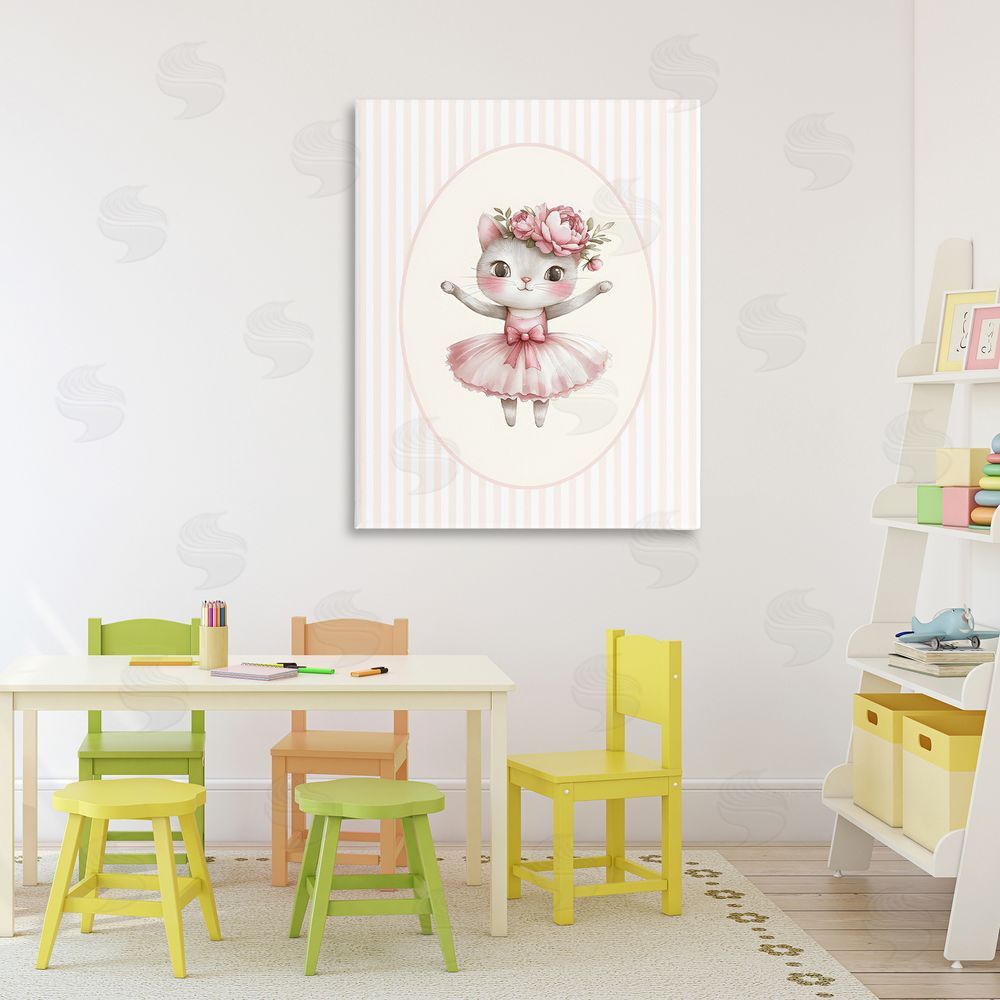 LSR Design Studio Nursery Ballerina Cat Striped Stretched Canvas Wall Art in Room