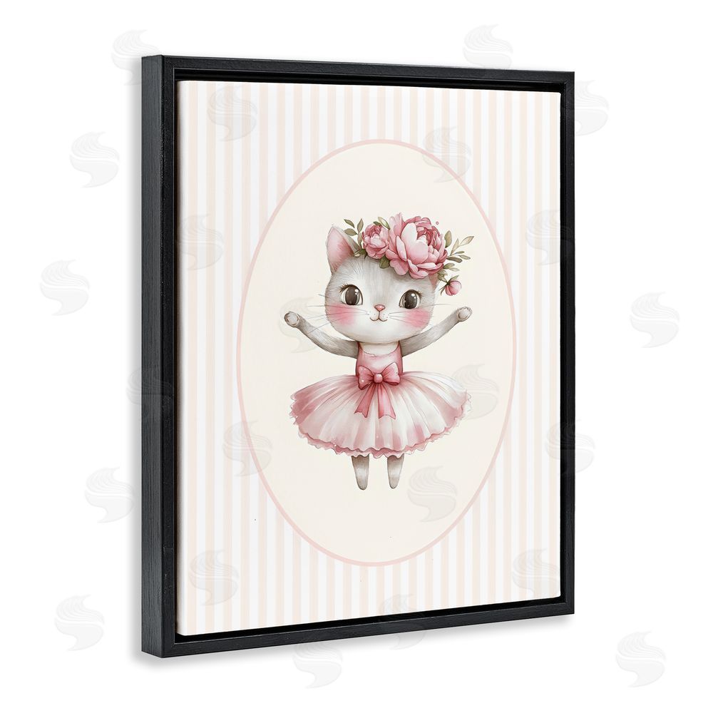 LSR Design Studio Nursery Ballerina Cat Striped Black Floating Framed Canvas Wall Art