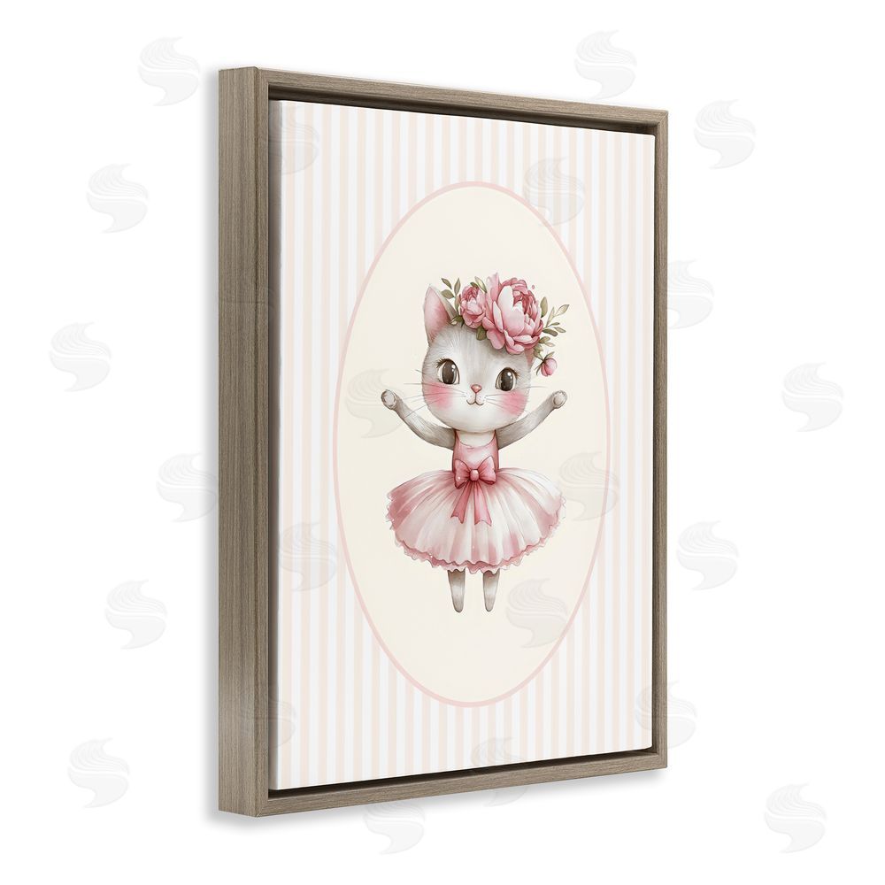 LSR Design Studio Nursery Ballerina Cat Striped Brown Floating Framed Canvas Wall Art