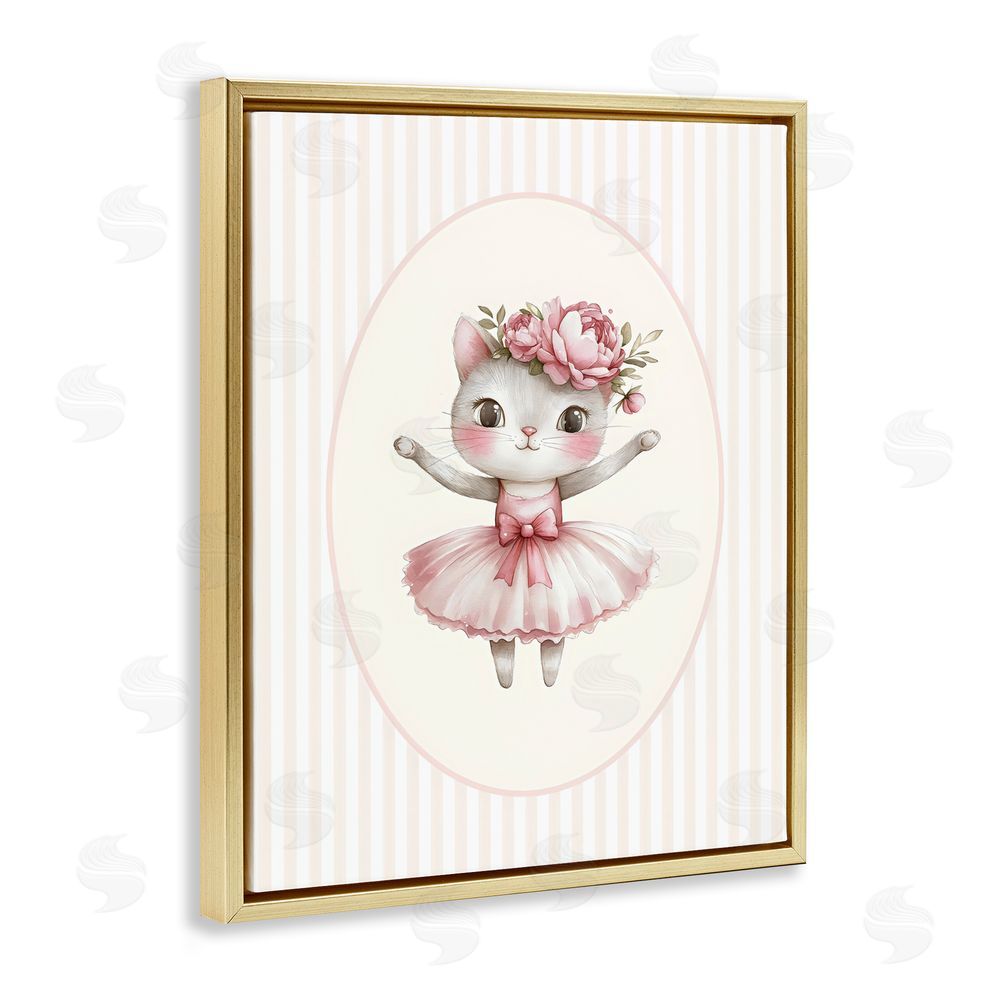 LSR Design Studio Nursery Ballerina Cat Striped Gold Floating Framed Canvas Wall Art