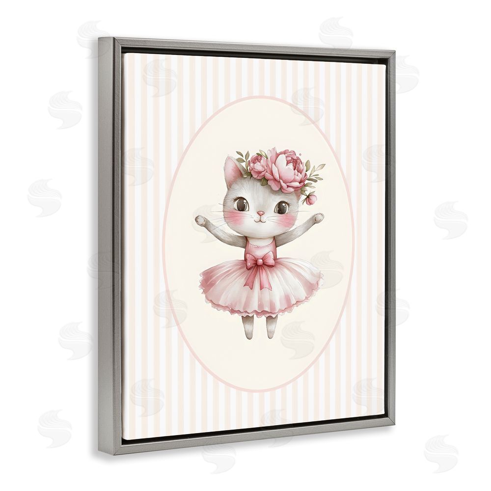 LSR Design Studio Nursery Ballerina Cat Striped Gray Floating Framed Canvas Wall Art