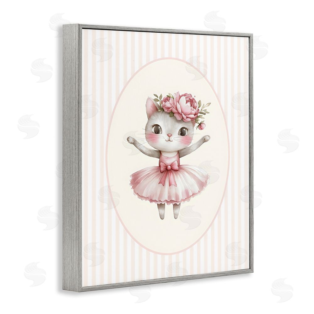 LSR Design Studio Nursery Ballerina Cat Striped Gray Framed Giclee Wall Art
