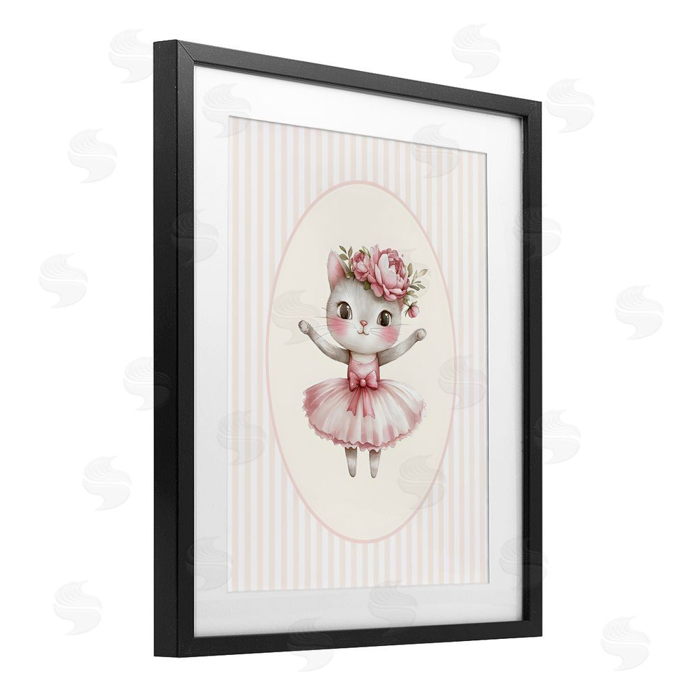 LSR Design Studio Nursery Ballerina Cat Striped Black Framed Print Under Glass Wall Art