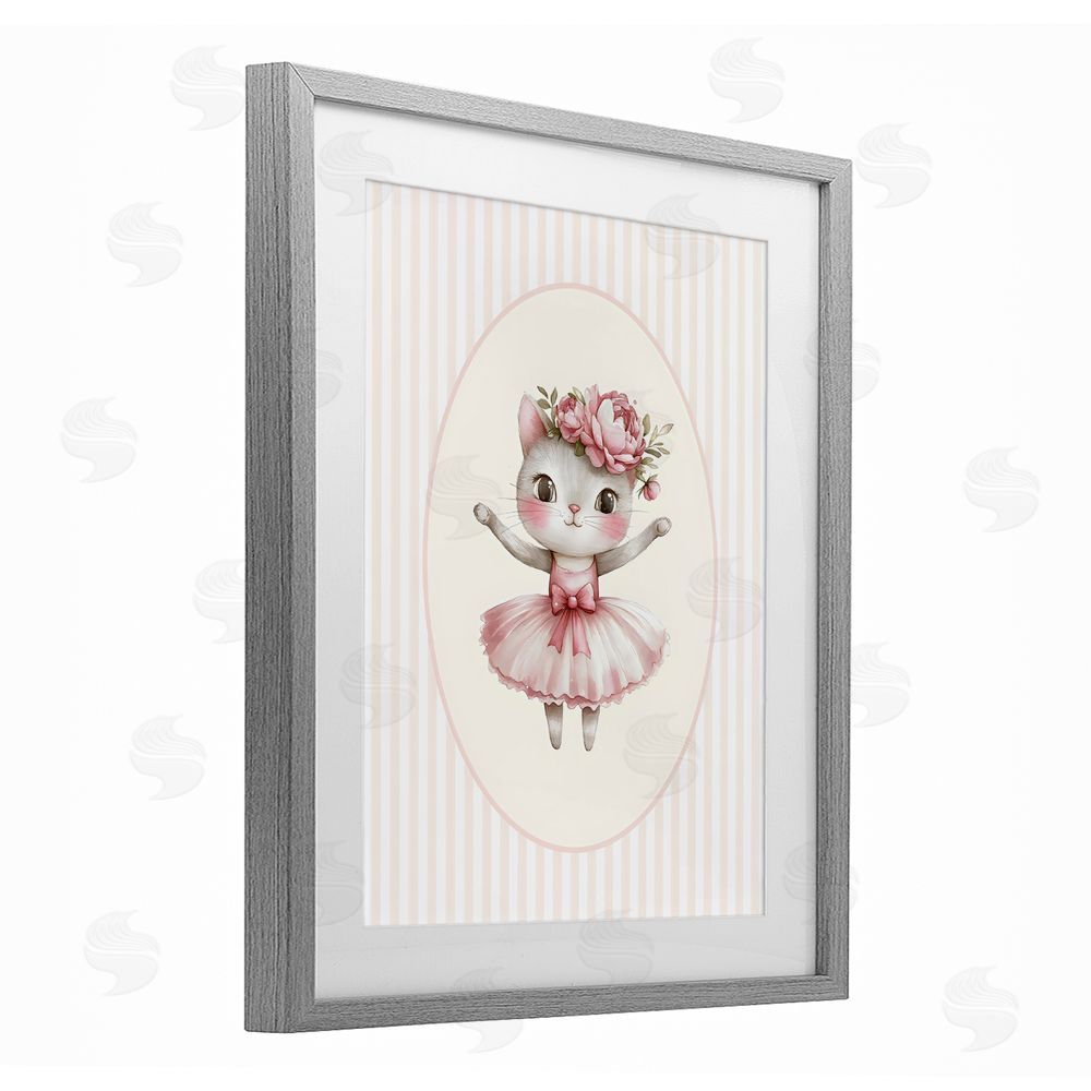 LSR Design Studio Nursery Ballerina Cat Striped Gray Framed Print Under Glass Wall Art