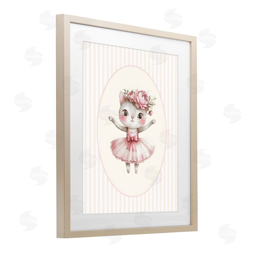 LSR Design Studio Nursery Ballerina Cat Striped Brown Framed Print Under Glass Wall Art