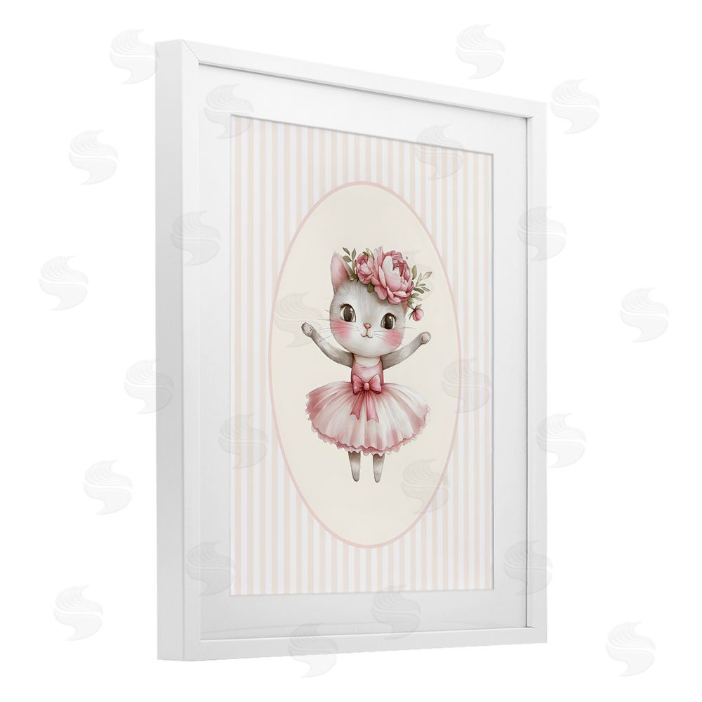 LSR Design Studio Nursery Ballerina Cat Striped White Framed Print Under Glass Wall Art