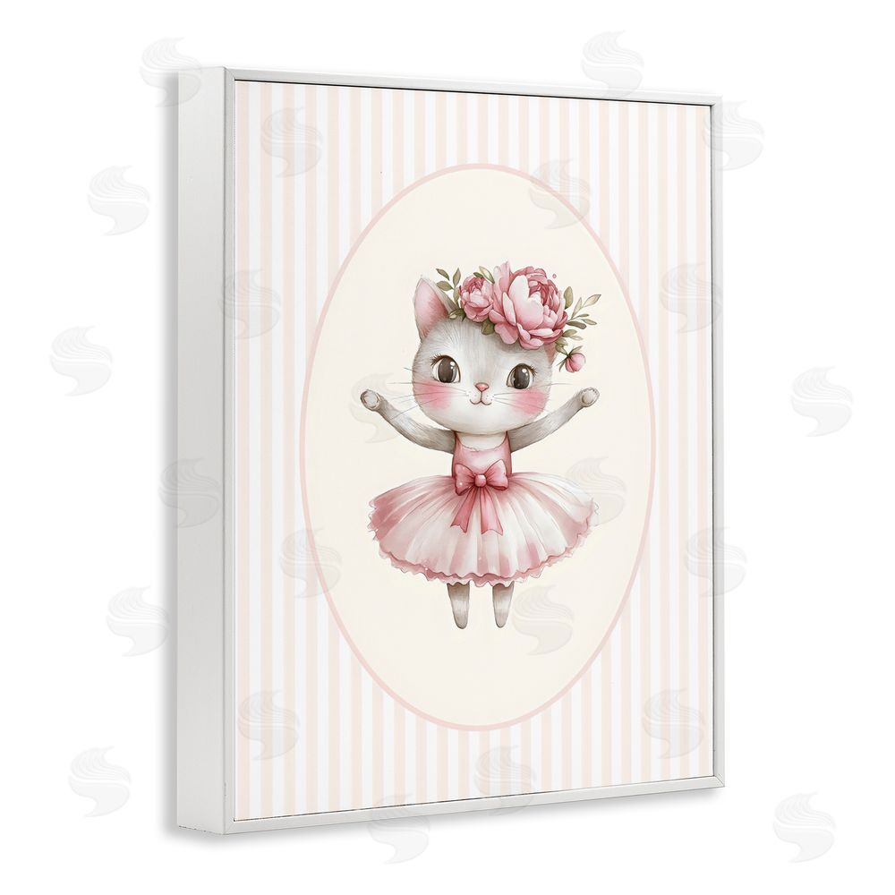 LSR Design Studio Nursery Ballerina Cat Striped White Framed Giclee Wall Art