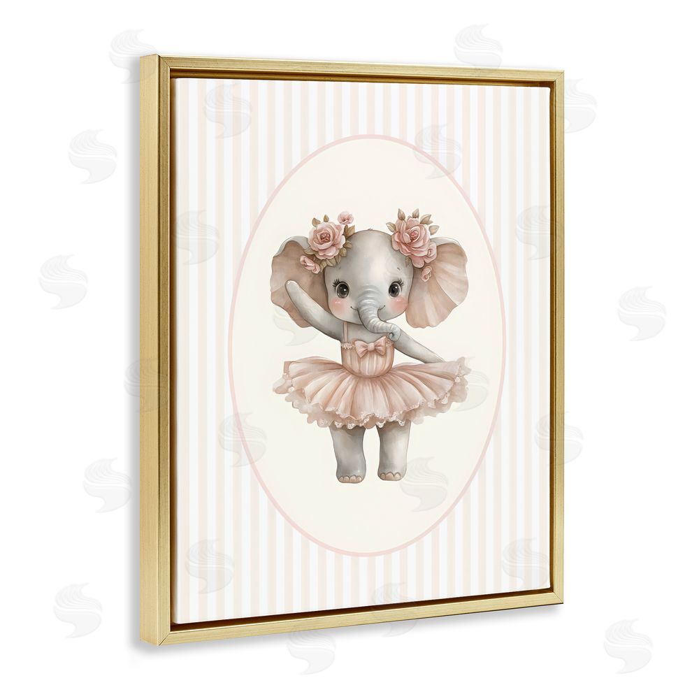 LSR Design Studio Nursery Ballerina Elephant Striped Gold Floating Framed Canvas Wall Art