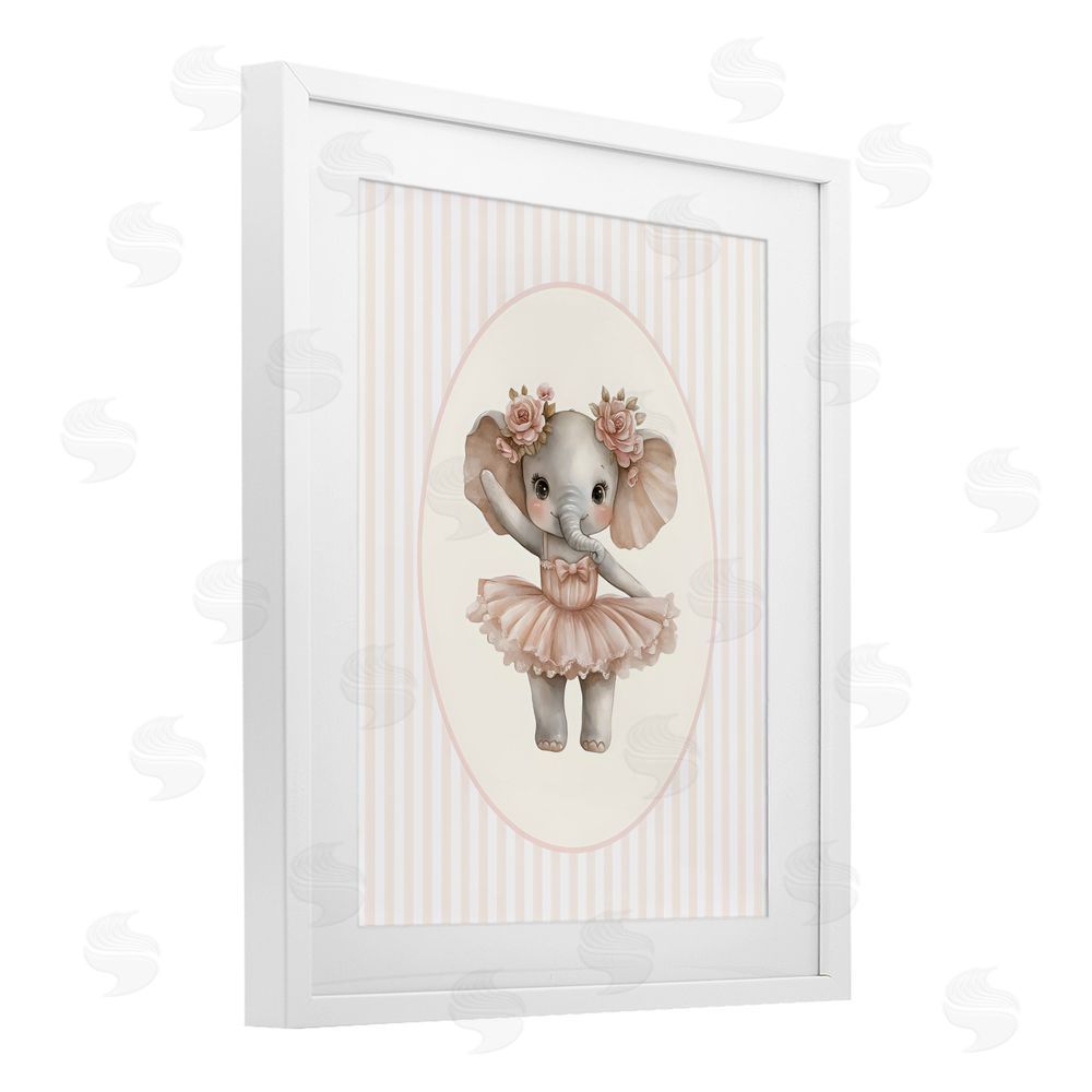 LSR Design Studio Nursery Ballerina Elephant Striped White Framed Print Under Glass Wall Art