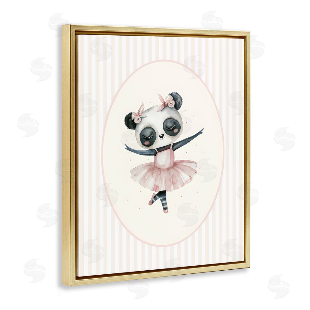 LSR Design Studio Nursery Ballerina Panda Striped Gold Floating Framed Canvas Wall Art