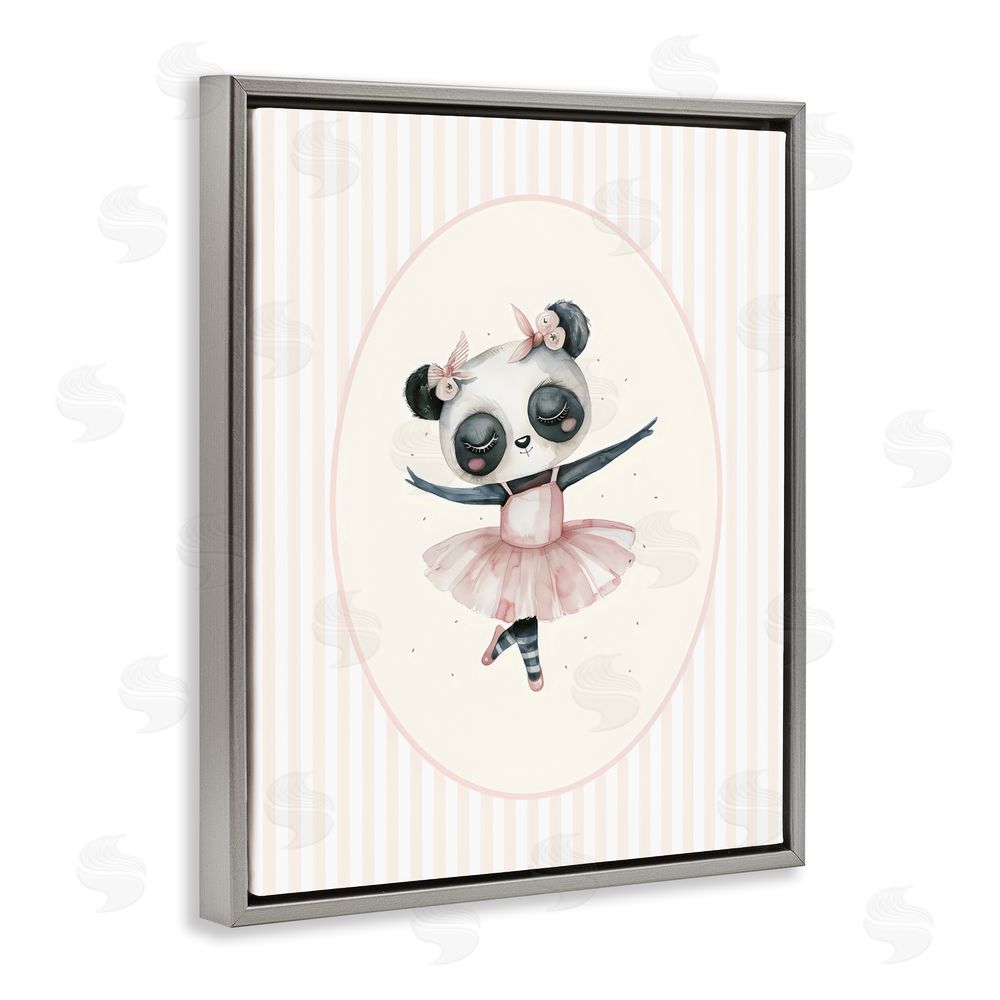 LSR Design Studio Nursery Ballerina Panda Striped Gray Floating Framed Canvas Wall Art